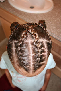 Top view of girl's hair being styled in "Criss-Cross French Braids"