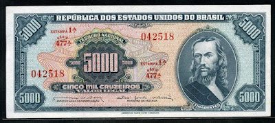 Brazilian cruzeiro Tiradentes Brazil paper money 5000 Brazilian Cruzeiros banknote