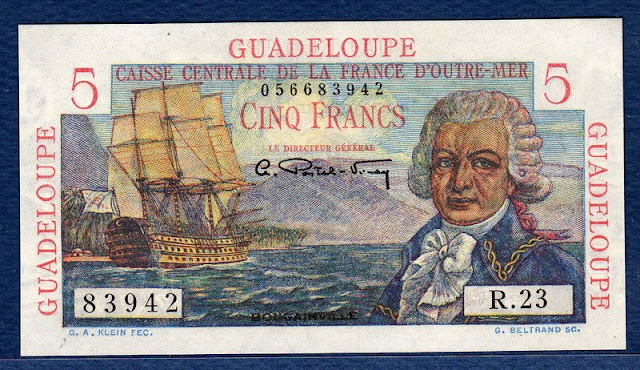 Guadeloupe currency banknotes values 5 Francs Bougainville