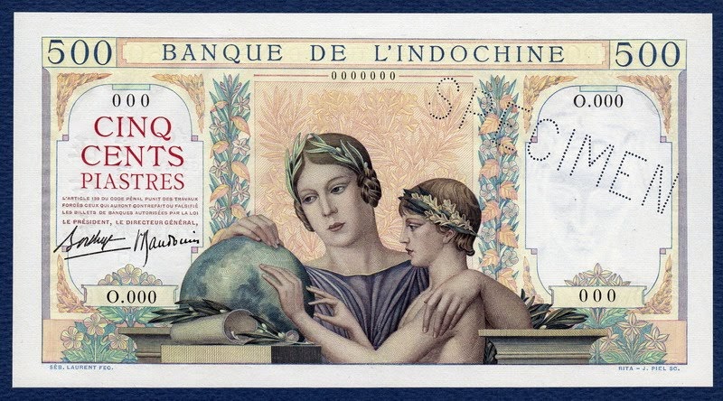 French Indochina banknotes 500 Piastres banknote of 1939.