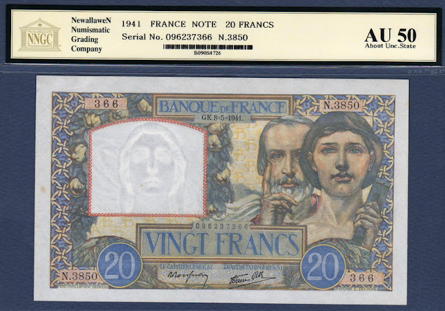France currency banknotes values 20 French Francs from 1941