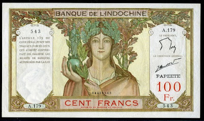 French Paper Money Tahiti 100 Francs banknote