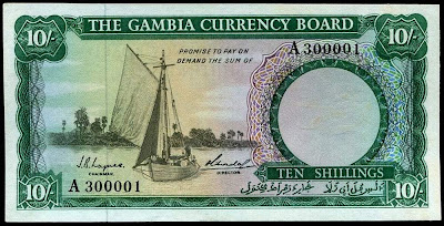 British Africa banknote Gambia currency board 10 shillings