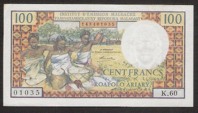 Madagascar 100 Francs Paper Money Banknote