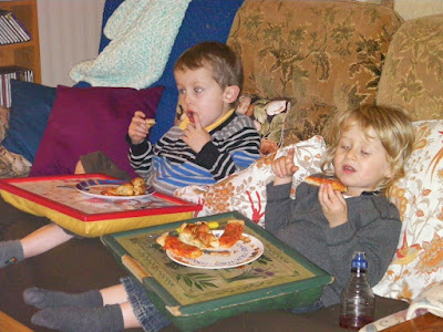 pizza for tea, sofa and television
