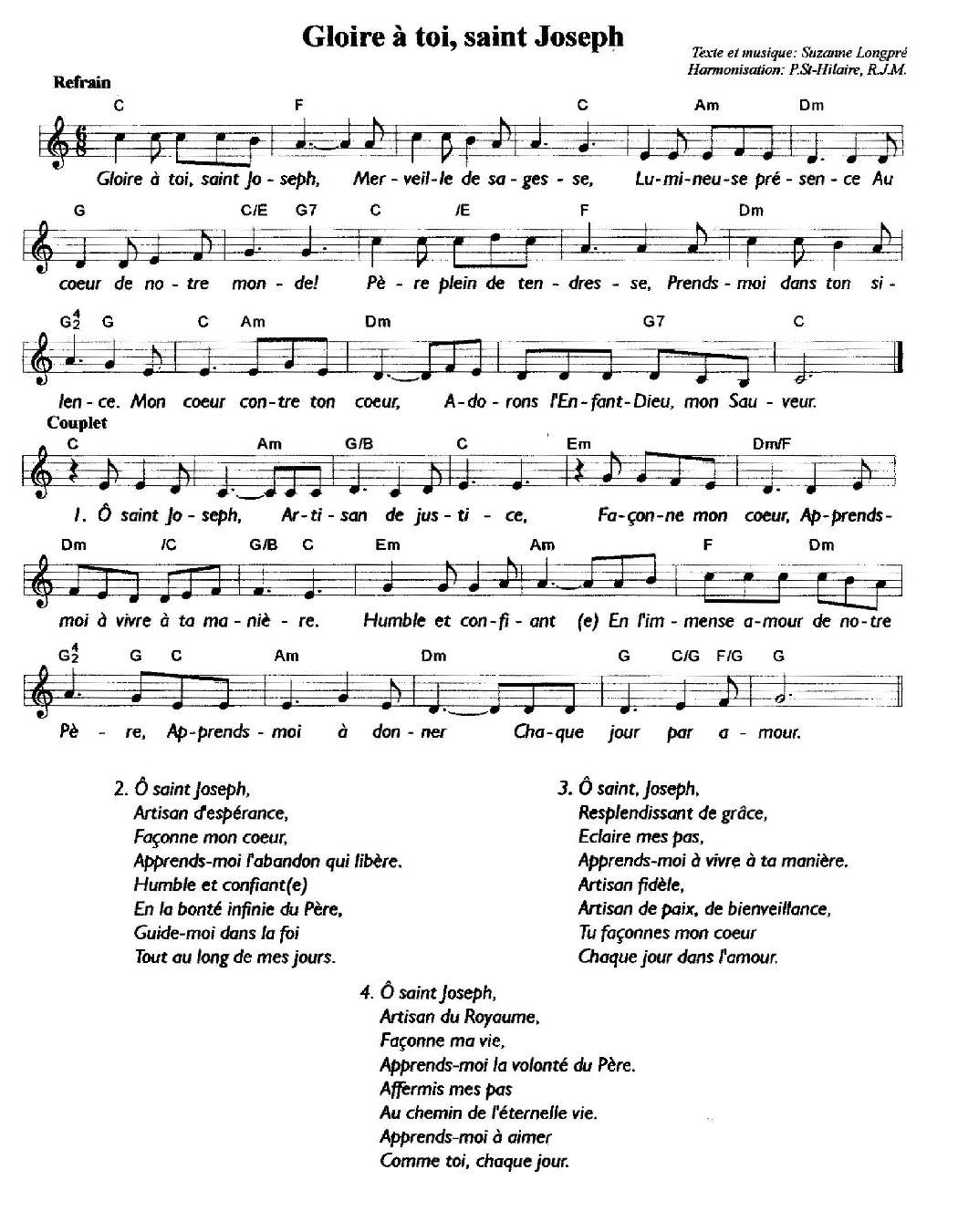 Chants religieux Gloire à toi, Saint Joseph