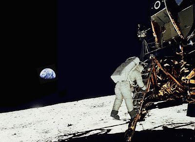Buzz Aldrin steps down to the surface of the moon