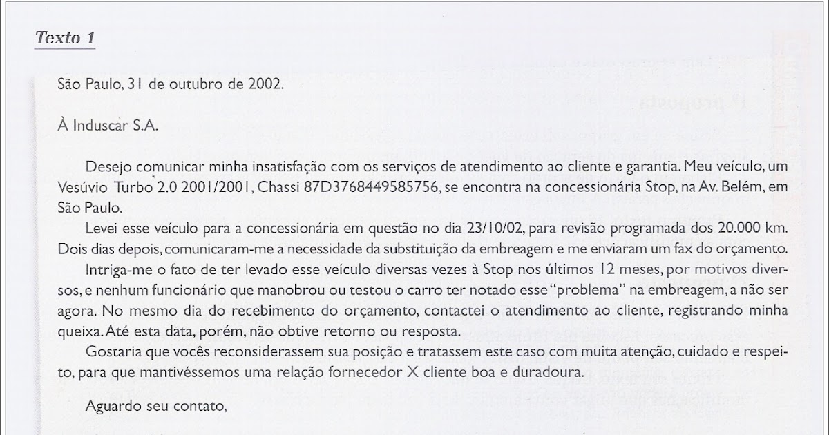Exemplo De Carta Com Data E Vocativo