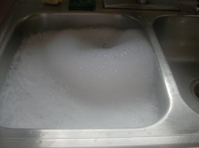 Soapy water in one side of the sink.