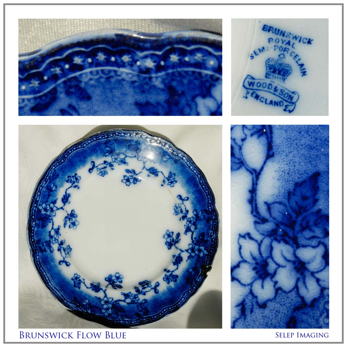 Flow Blue China plate Brunswick Wood and Son England Mark by Jeanne Selep Imaging