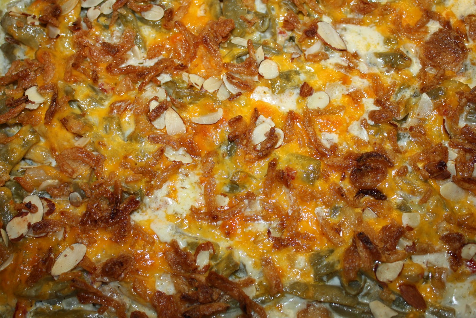 The Farmhouse Foodie Green Bean and Onion Casserole With Toasted Almonds