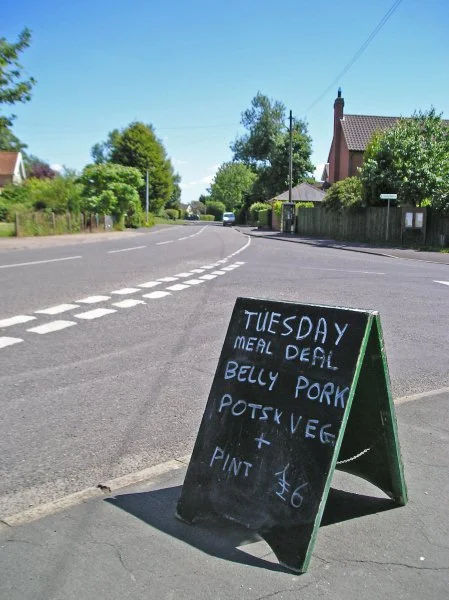 On the left, Meal deals at the Marquis of Granby in Stetworth. On the right, the former malting kiln at Dalham 