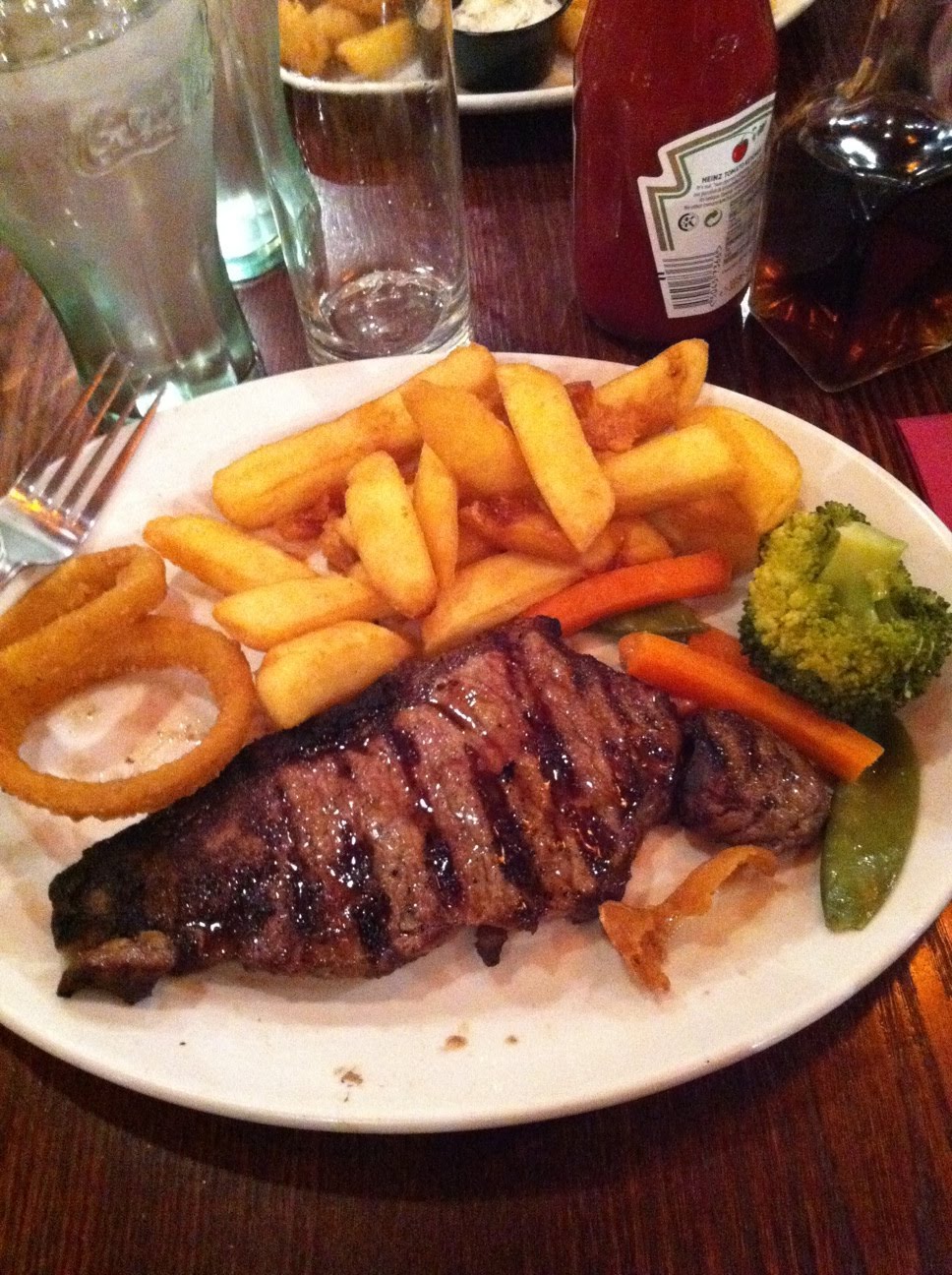 What I Eat Steak, chips, onion rings and broccoli.