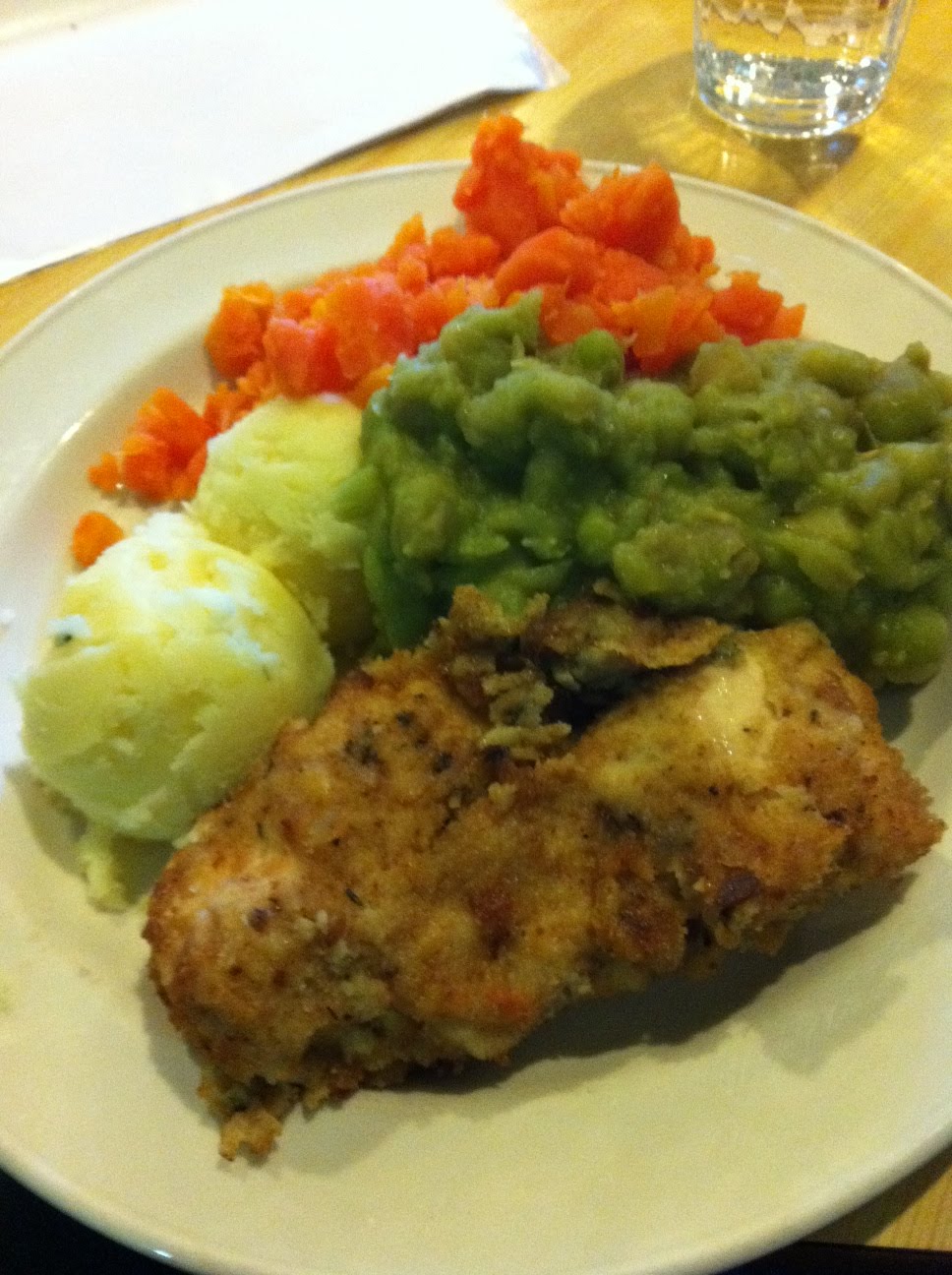 What I Eat Home style southern fried chicken, mushy peas, carrots and