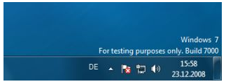 Windows 7 Beta watermark 'For testing purposes only'