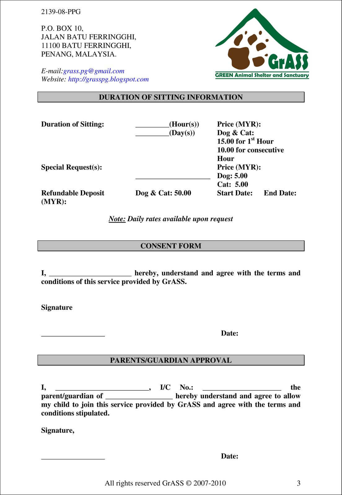 GrASS Forms In House Pet Sitting (4 Pages)