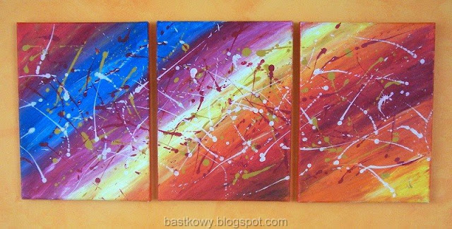 Kolorowy tryptyk malarski 'Ruch swobodny', w którym dynamiczne rozpryski i strumienie farby łączą się w ekspresyjną kompozycję