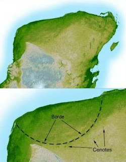 La imagen superior muestra el borde del cráter. La foto de abajo, la ubicación de los cenotes y cómo se corresponden con él.