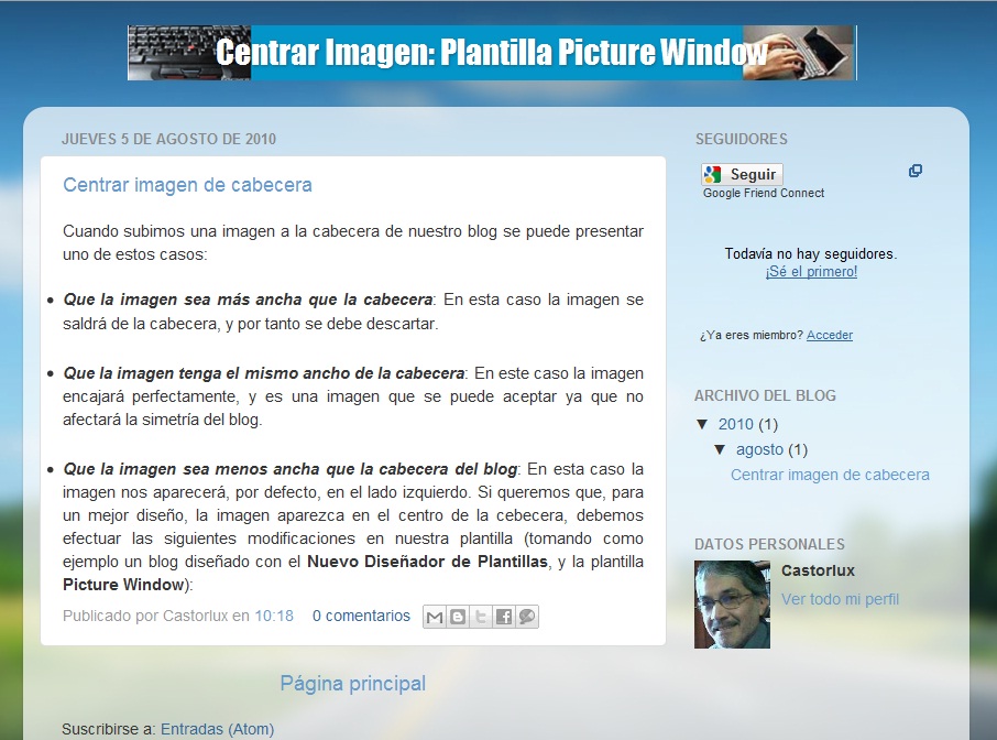 Blog Picture Window con imagen de cabecera centrada