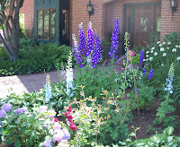 variety of flowers lining front walkway of house