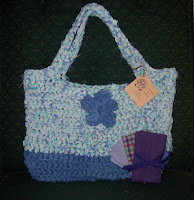 two tone blue tote bag crocheted with fabric strips