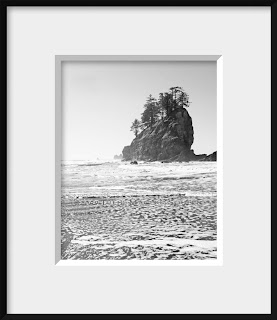 framed black and white photograph of a Pacific Northwest sea stack