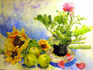 acuarela bodegon girasoles y manzanas watercolor still-life sunflowers and apples