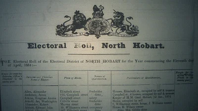North Hobart electoral roll 1884