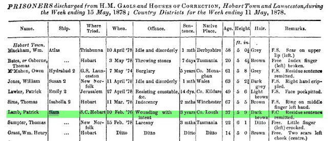 Patrick Lamb discharged 11 May 1878