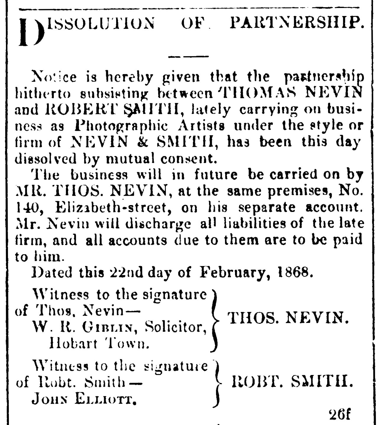 Nevin and Smith dissolution 26 Feb 1868
