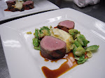 Grilled Prosciutto Wrapped Pork Tenderloin with Yukon Gold Potato Puree, Brussels Sprouts and Morel