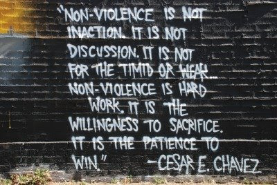 Cesar Chavez non-violence quote from the Barrio Unity Mural in Denver