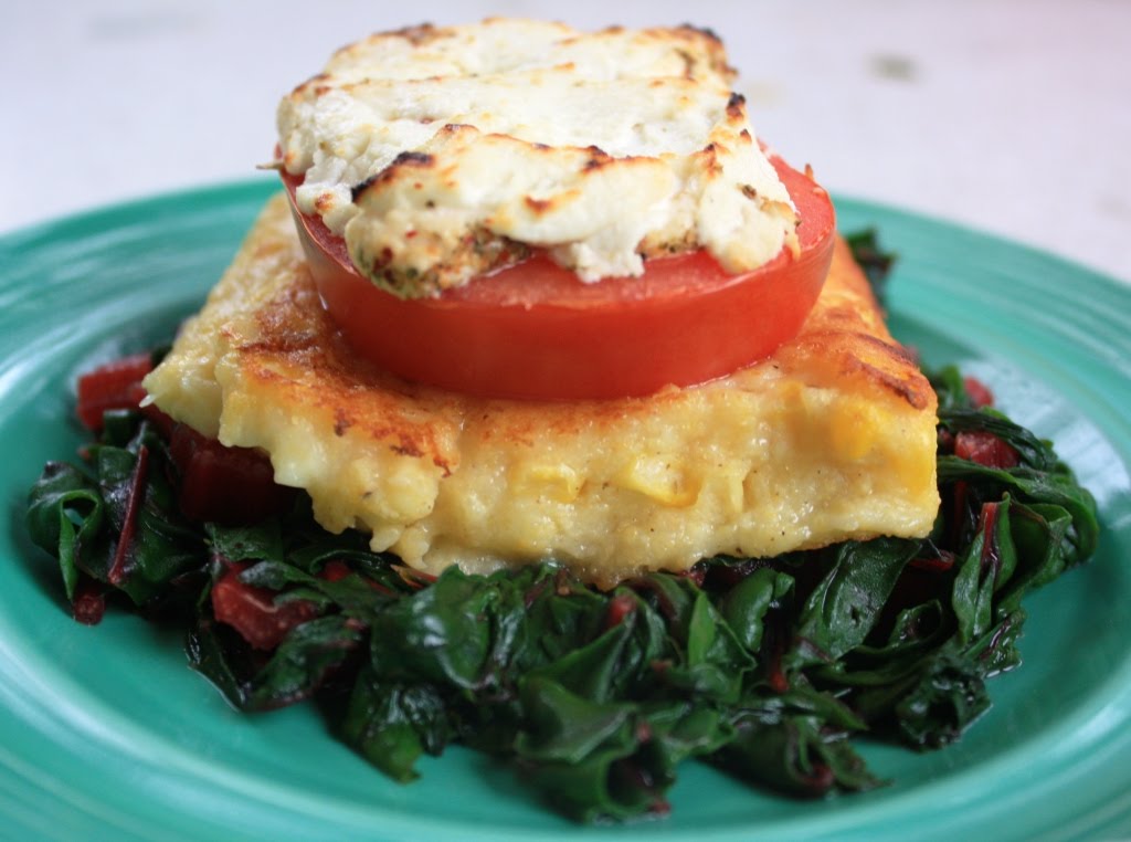 cauliflower power Panfried polenta with corn, Swiss chard, and goat