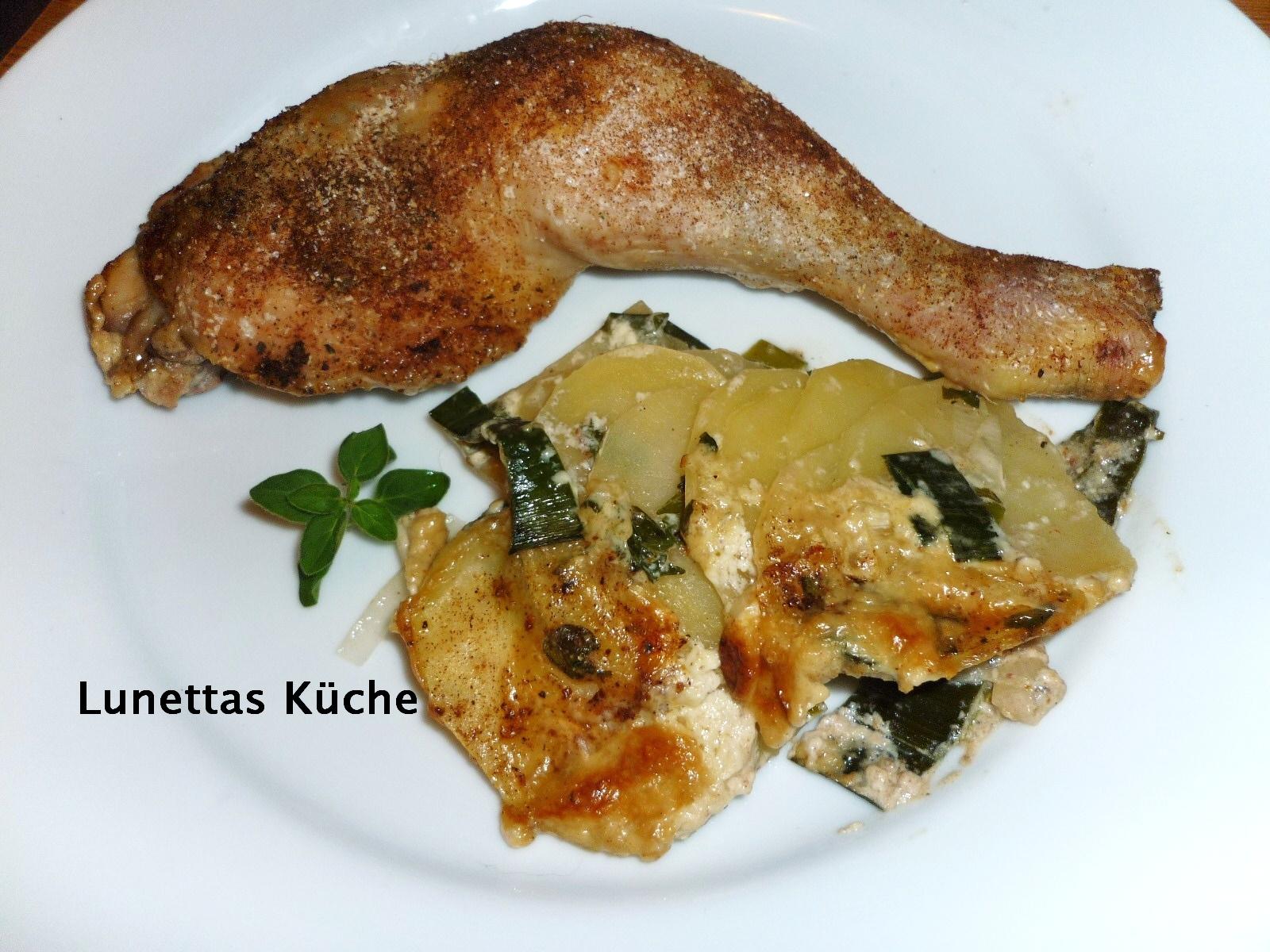 Lunettas Küche: Pouletschenkel auf Kartoffel - Lauch - Gratin