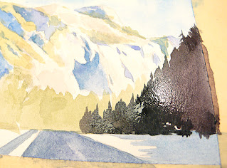 Watercolor painting demo of Yosemite: A close up of the tree being painted.
