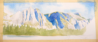 Watercolor painting demo of Yosemite: paint the trees in the middle ground.
