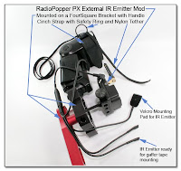 CP1104AE: RadioPopper PX External IR Emitter Mod, Mounted on a FourSquare Bracket with Handle, Including the Cinch Strap with Safety Ring and Nylon Tether