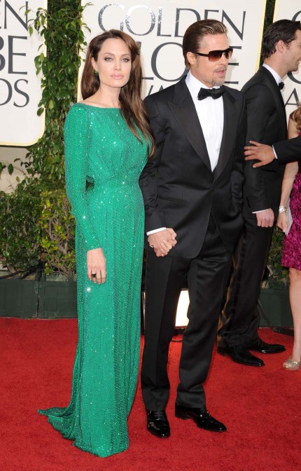 Angelina Jolie in Versace with husband Brad Pitt