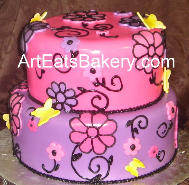 ... pink, purple and black custom flowers and butterflies baby shower cake