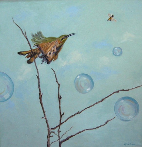 Susie's Paintings Bubbles, and Bird, and Bee 36x36 original oil on canvas