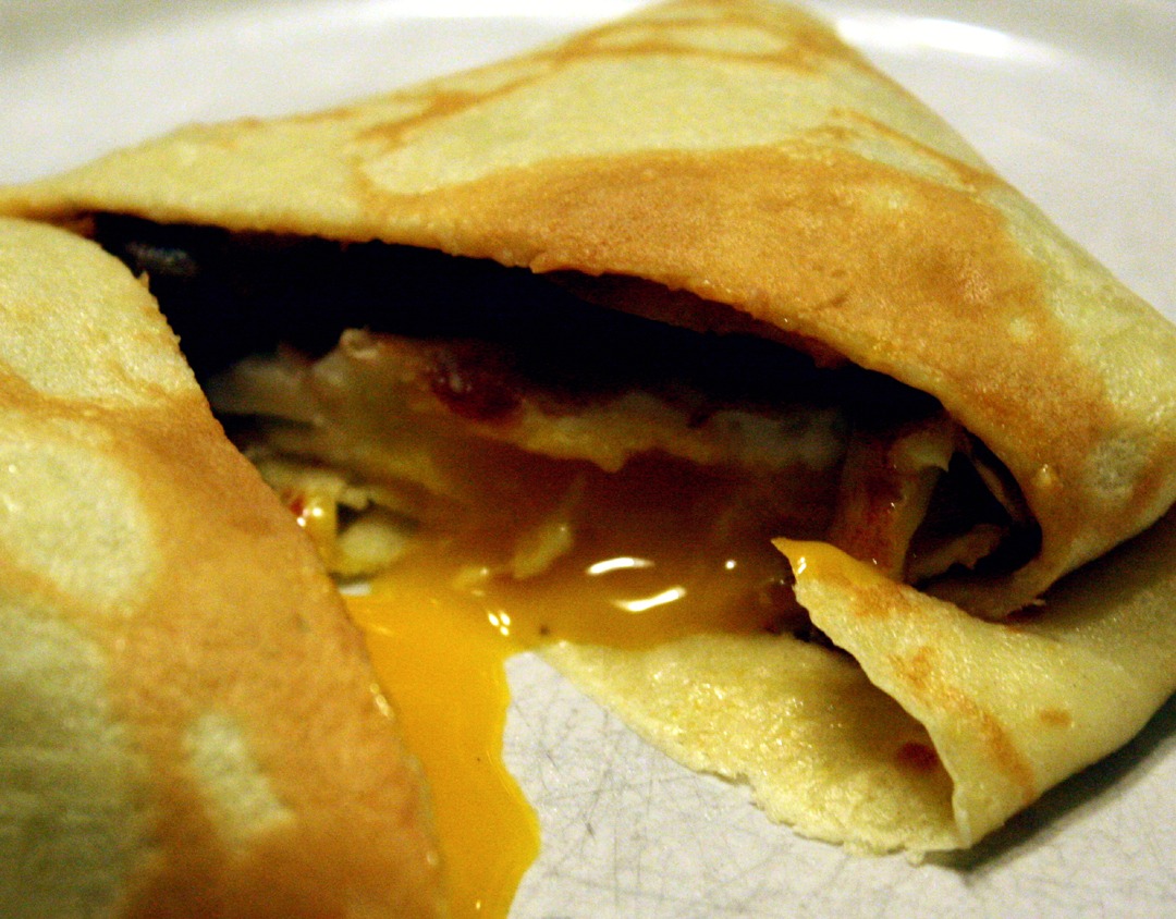 Rah Cha Chow Cornmeal Crepe, Mushroom Ragout and Fried Egg