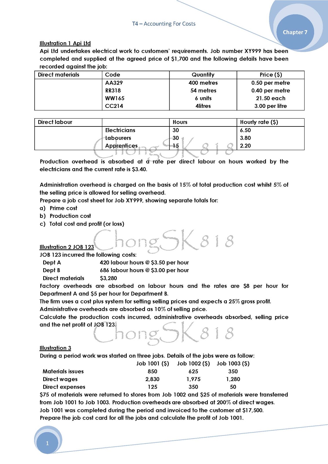 Jessy Chong (JC): Chapter 7 Job & Batch Costing (Questions)