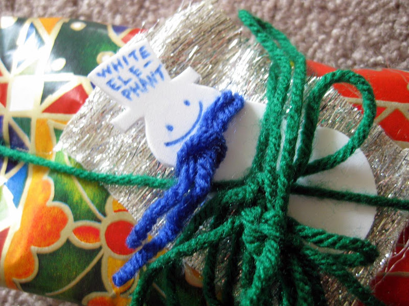 blogger white elephant/potluck gift, tiny snowman with tiny scarf and hairy silver fabric