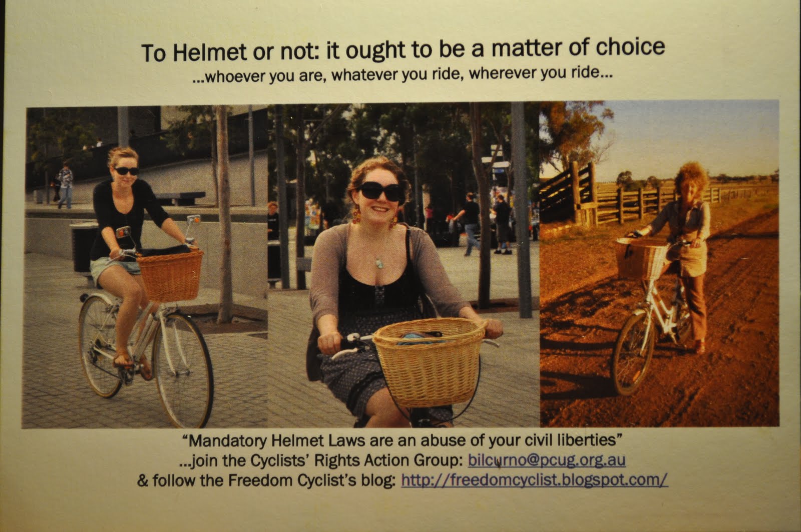 Freedom Cyclist (adfree advocacy) The "Helmet Laws" Postcard Campaign