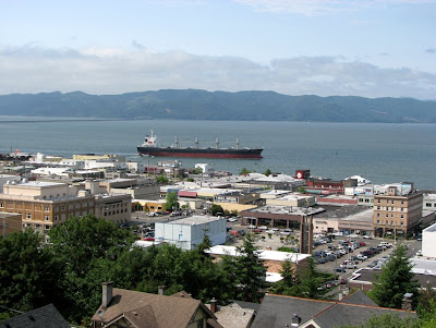 Astoria, Oregon - Downtown with passing ship
