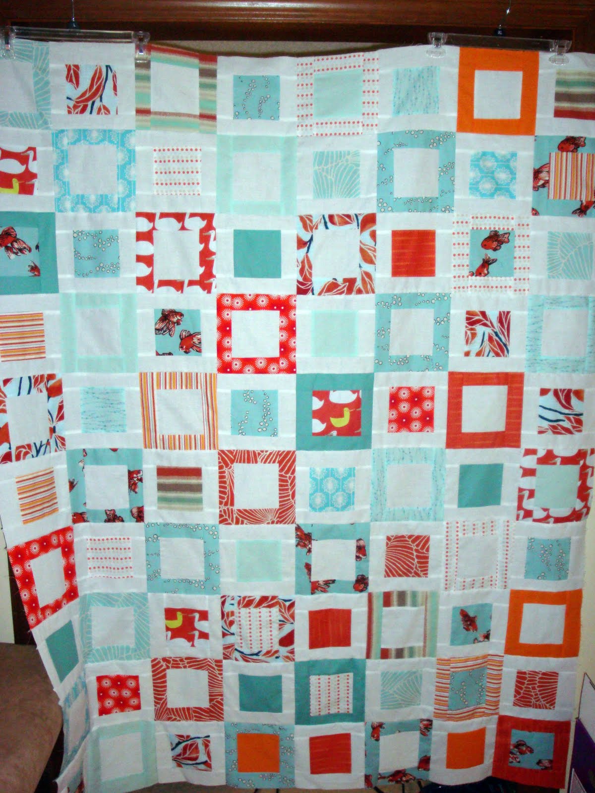 Claire's Chaotic Corner Orange & Aqua Quilt Top