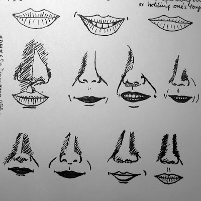 EDM #53 - Draw a mouth and journal about speaking out or holding one's tongue .../ #65 - Draw your nose, a friend's or a strangers. Or a pet's.