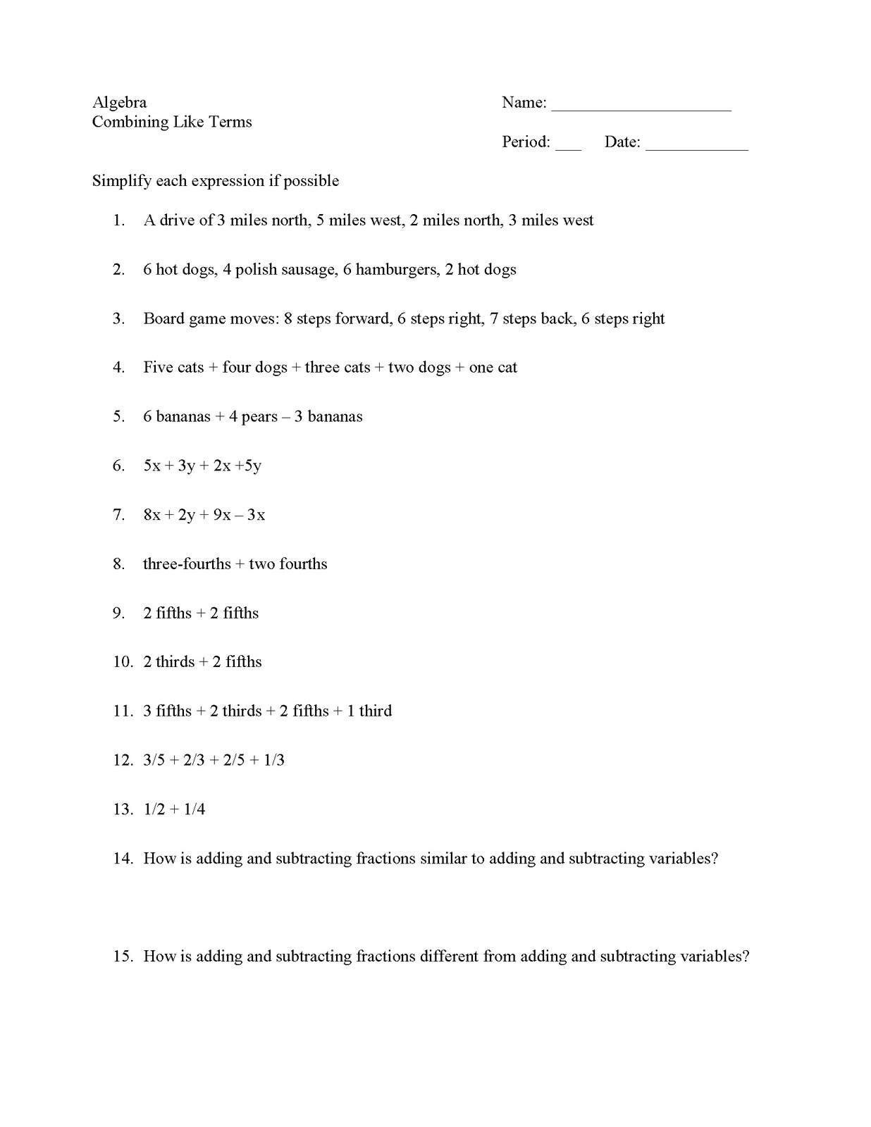 algebra worksheet: NEW 313 ALGEBRA WORKSHEET COMBINING LIKE TERMS