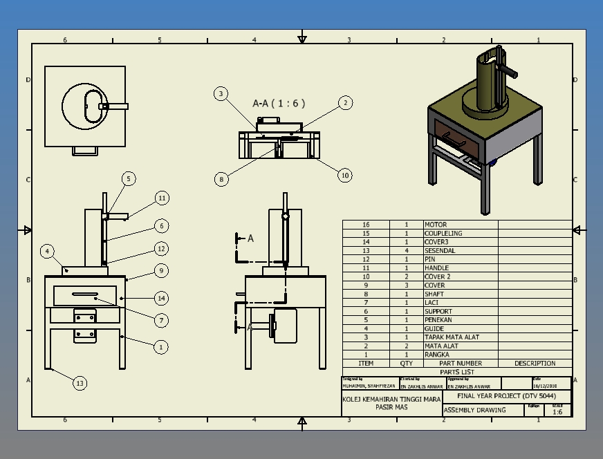 MESIN MERINCIH UBI KAYU DETAIL,EXPLODED AND ASSEMBLY DRAWING