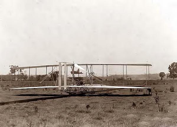 Wright Bros plane on launching track, Huffman Prairie, Dayton, Ohio 1904